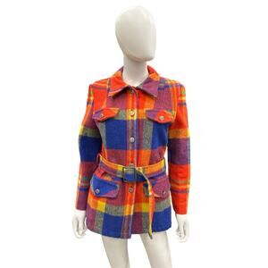 Vintage Coat Women’s Size S Wool Plaid Belt Quilted Lining Multicolor